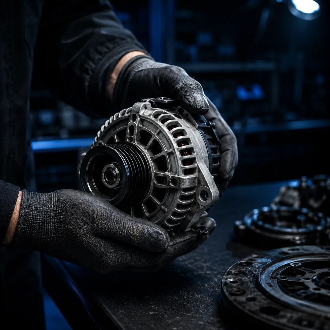 Mechanikas tikrina naudotą automobilio detalę